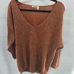 I. Magnin Rust Orange Gold Metallic Vintage 90s V-Neck Vintage Sweater 2x